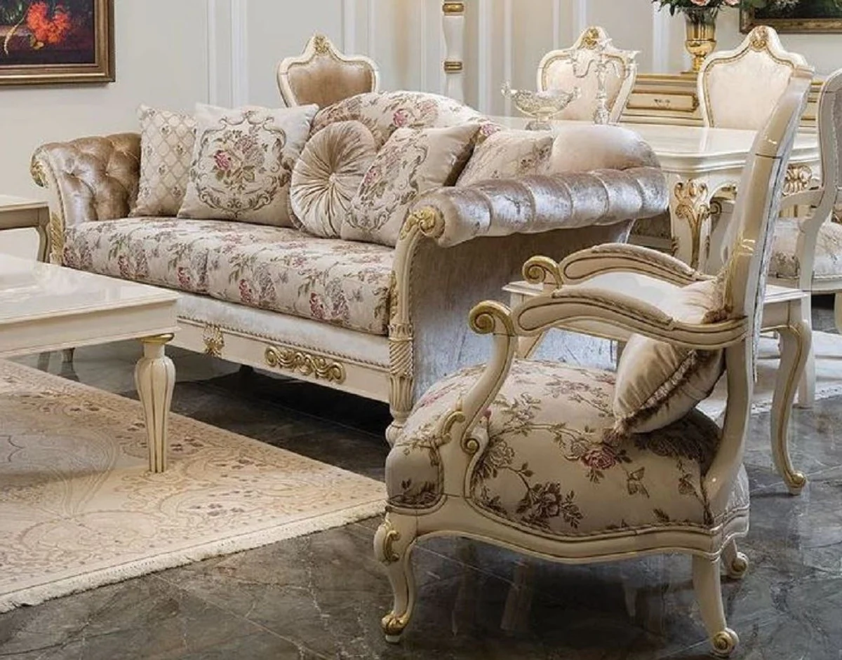 Luxury Baroque Living Room Set Cream / Pink / White / Gold - 2 Sofas & 2 Armchairs - Handcrafted Living Room Furniture in Baroque Style - Noble & Magnificent