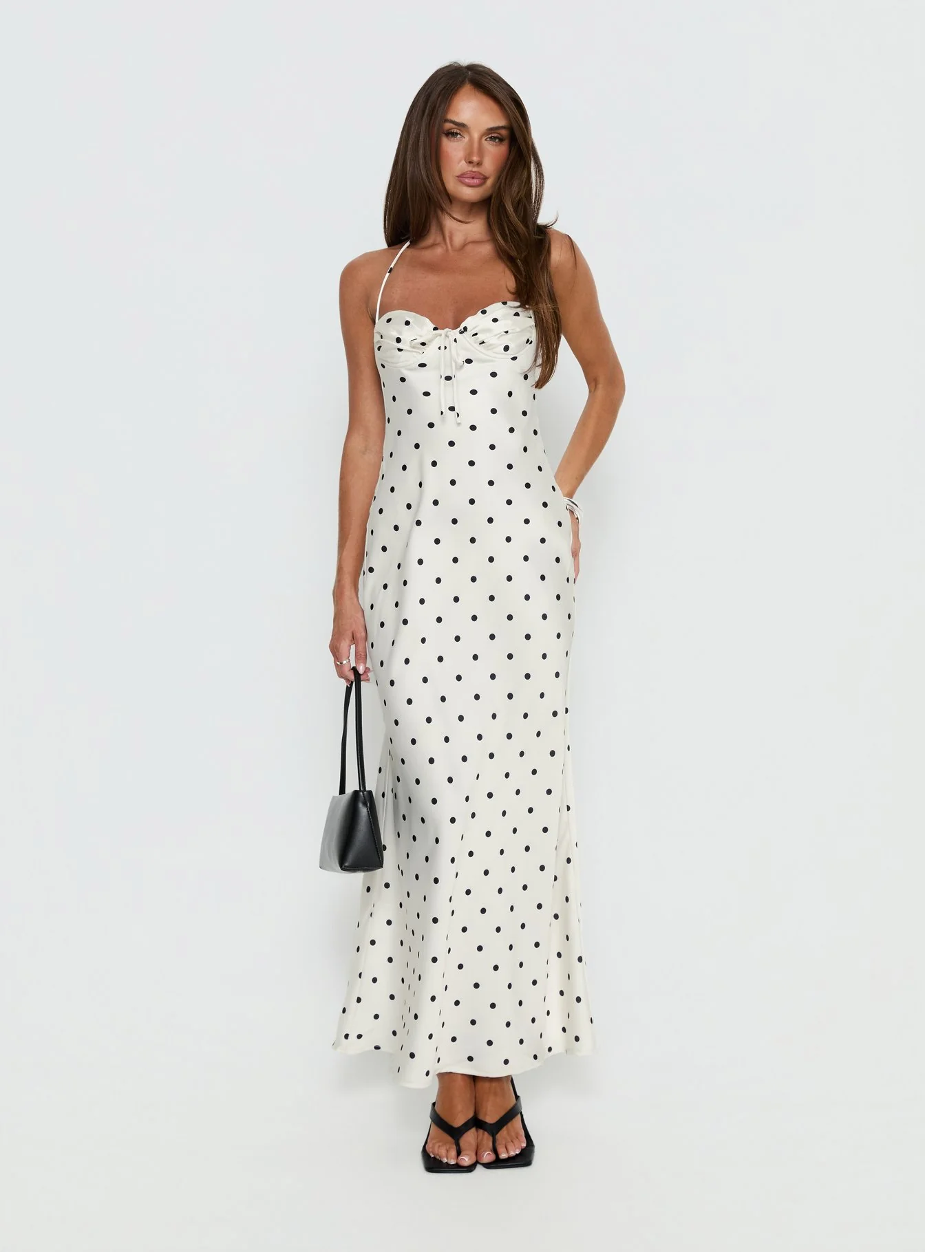 Costella Halter Satin Maxi Dress Cream Polka Dot