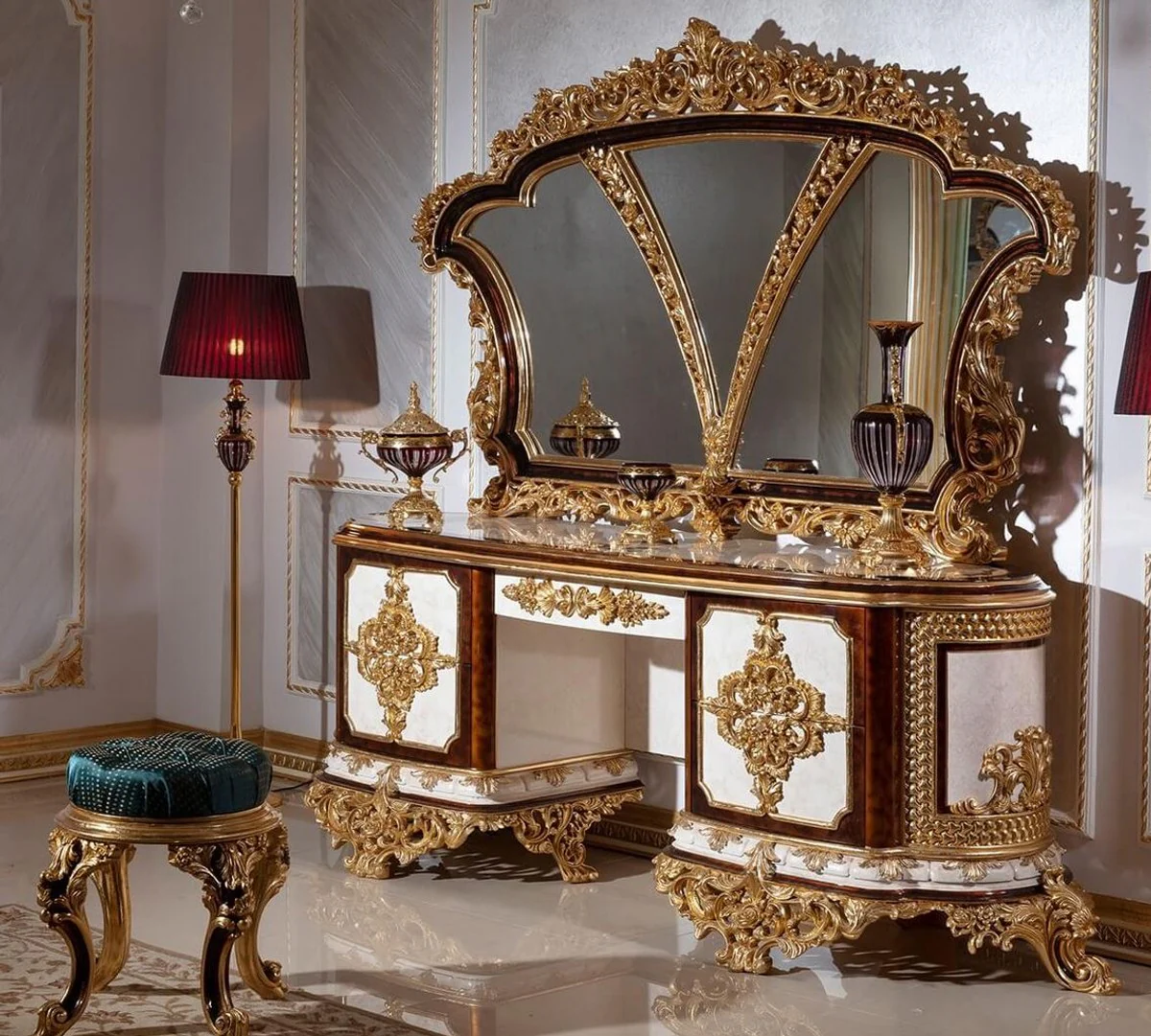 Luxury Baroque Bedroom Set White / Brown / Gold - 1 Baroque Dressing Chest with 5 Drawers & 1 Baroque Mirror & 1 Baroque Stool - Baroque Bedroom Furniture - Noble & Magnificent