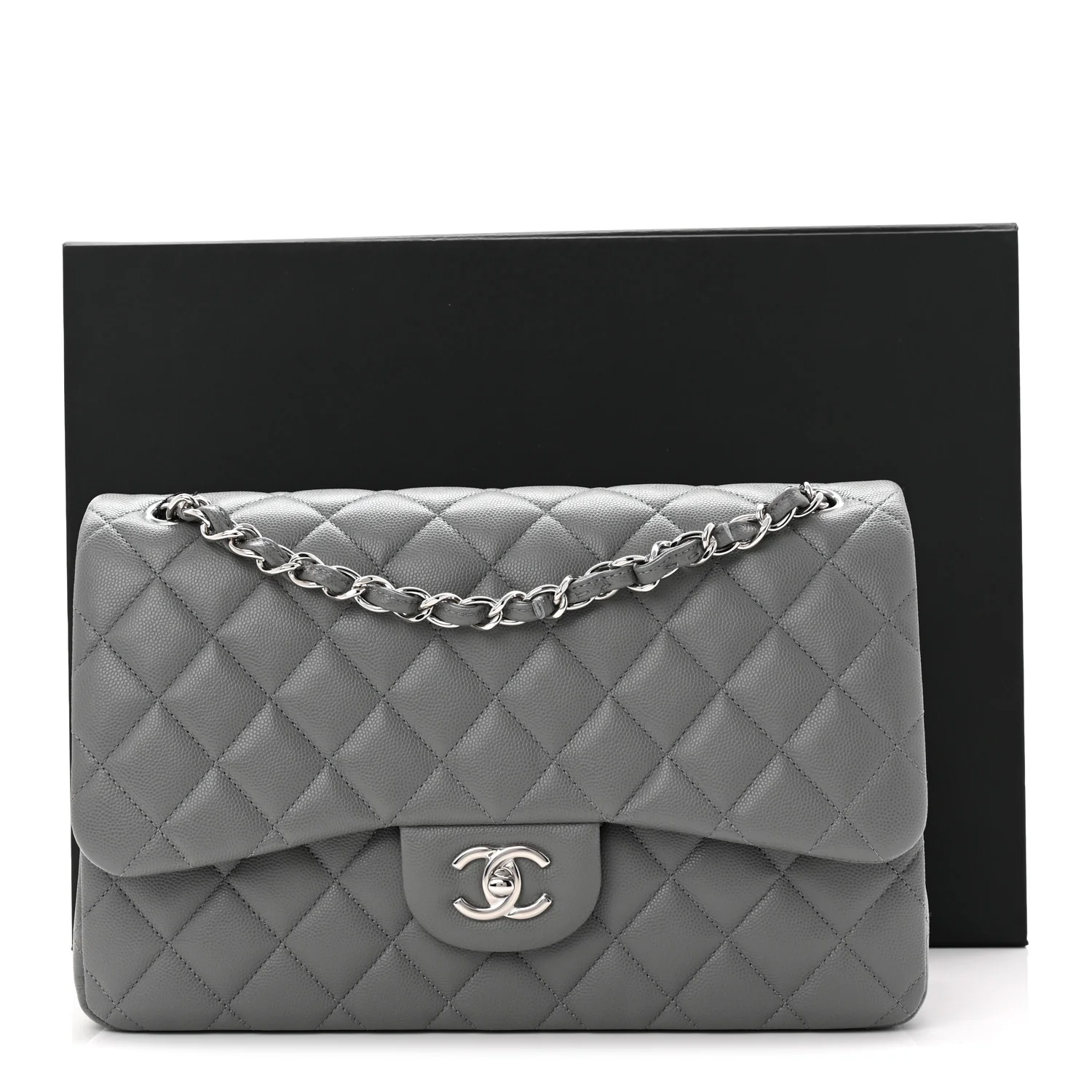 Caviar Quilted Jumbo Double Flap Grey - Top Club