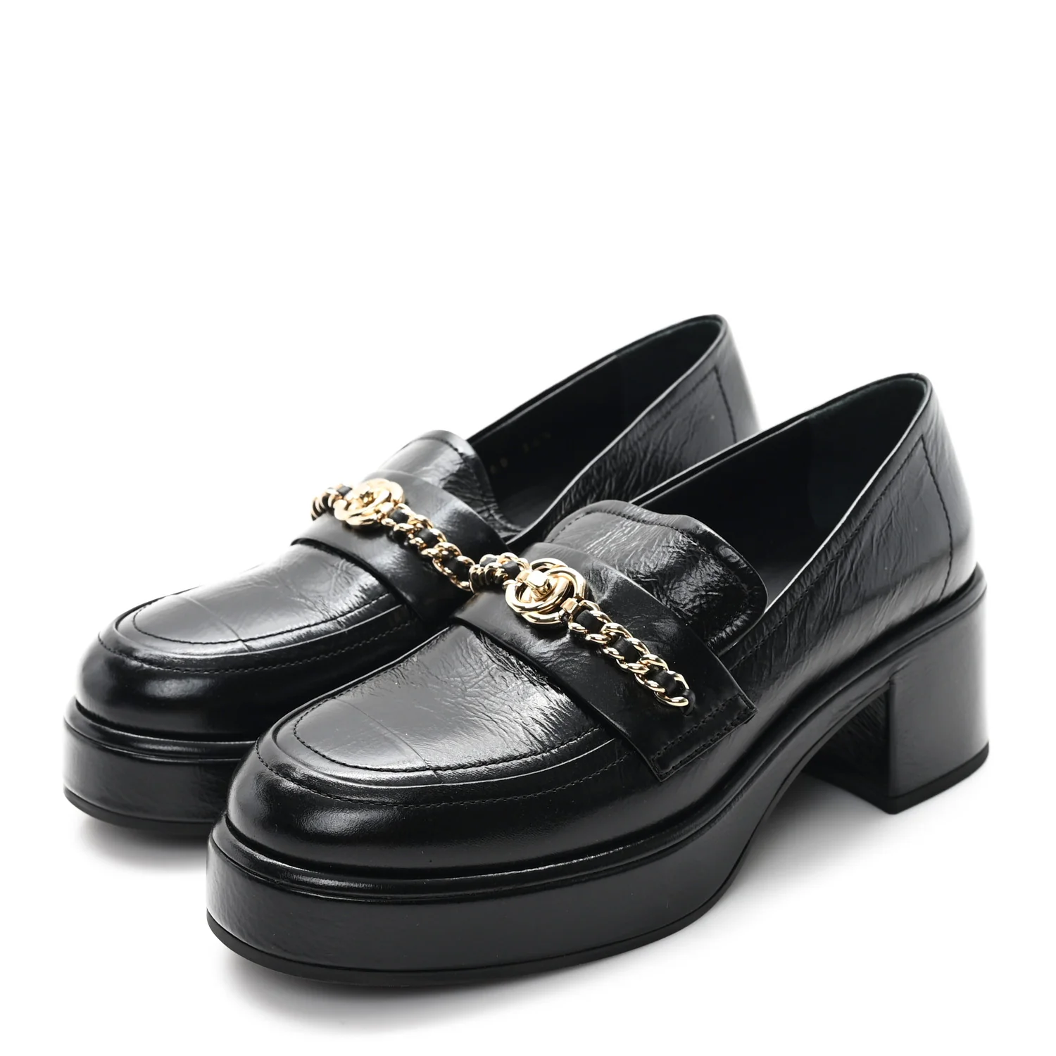 Shiny Calfskin Logo Loafers 36.5 Black - Top Club