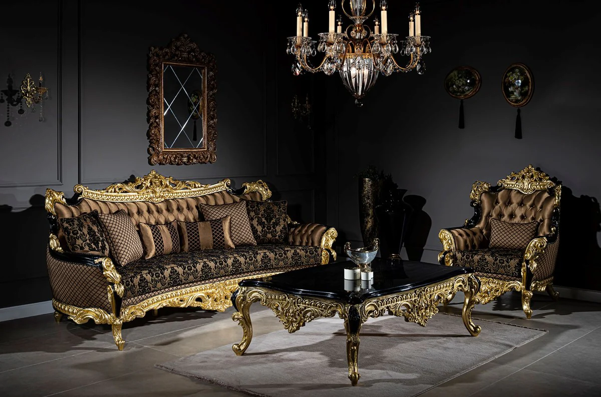 Luxury baroque sofa brown / black / gold 260 x 110 x H. 117 cm - Magnificent living room sofa with decorative pillows - Noble baroque furniture