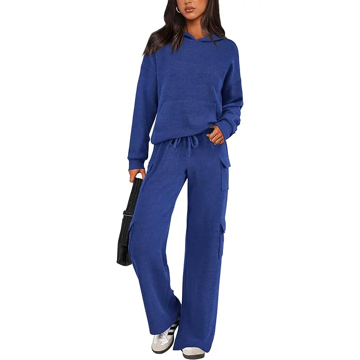 PRETTYGARDEN Women's Navy Blue 2-Piece Knitted Sets Hoodie & Wide Leg Pants with Pockets Drawstring Long Sleeve Loungewear Tracksuits Basic Fitted Clothes