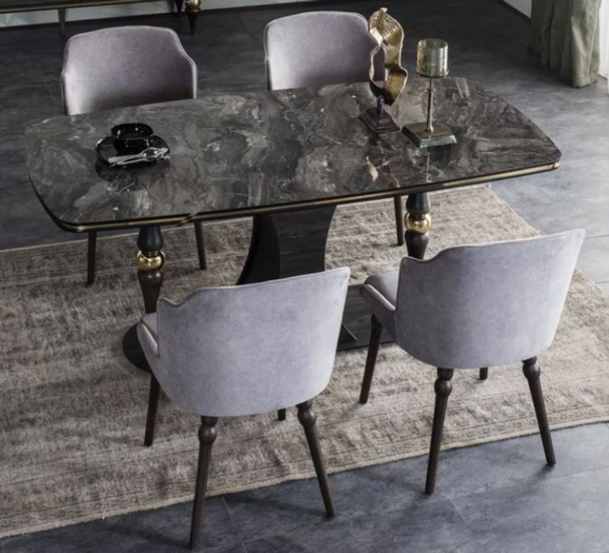 Luxury Art Deco dining room set gray / black / brass - 1 dining room table with glass top in marble look & 4 dining chairs - Art Deco dining room furniture