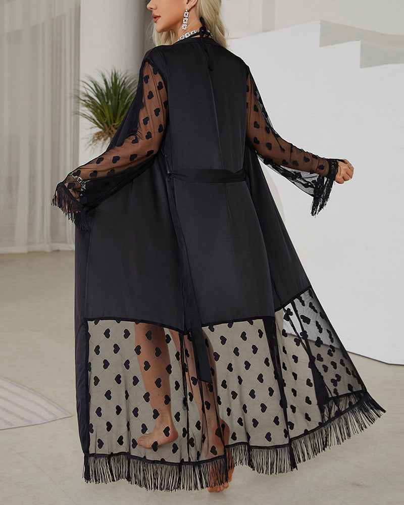 Sheer Heart Lace Satin Nightgown With Belt