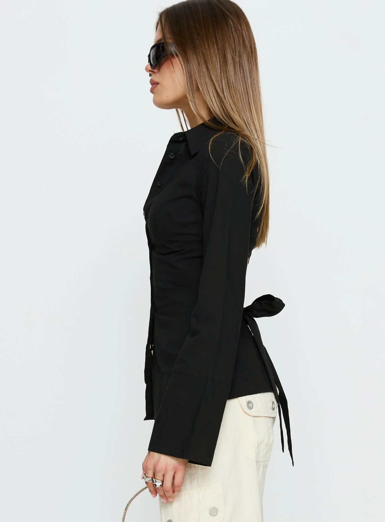 Lesper Long Sleeve Tie Back Top Black