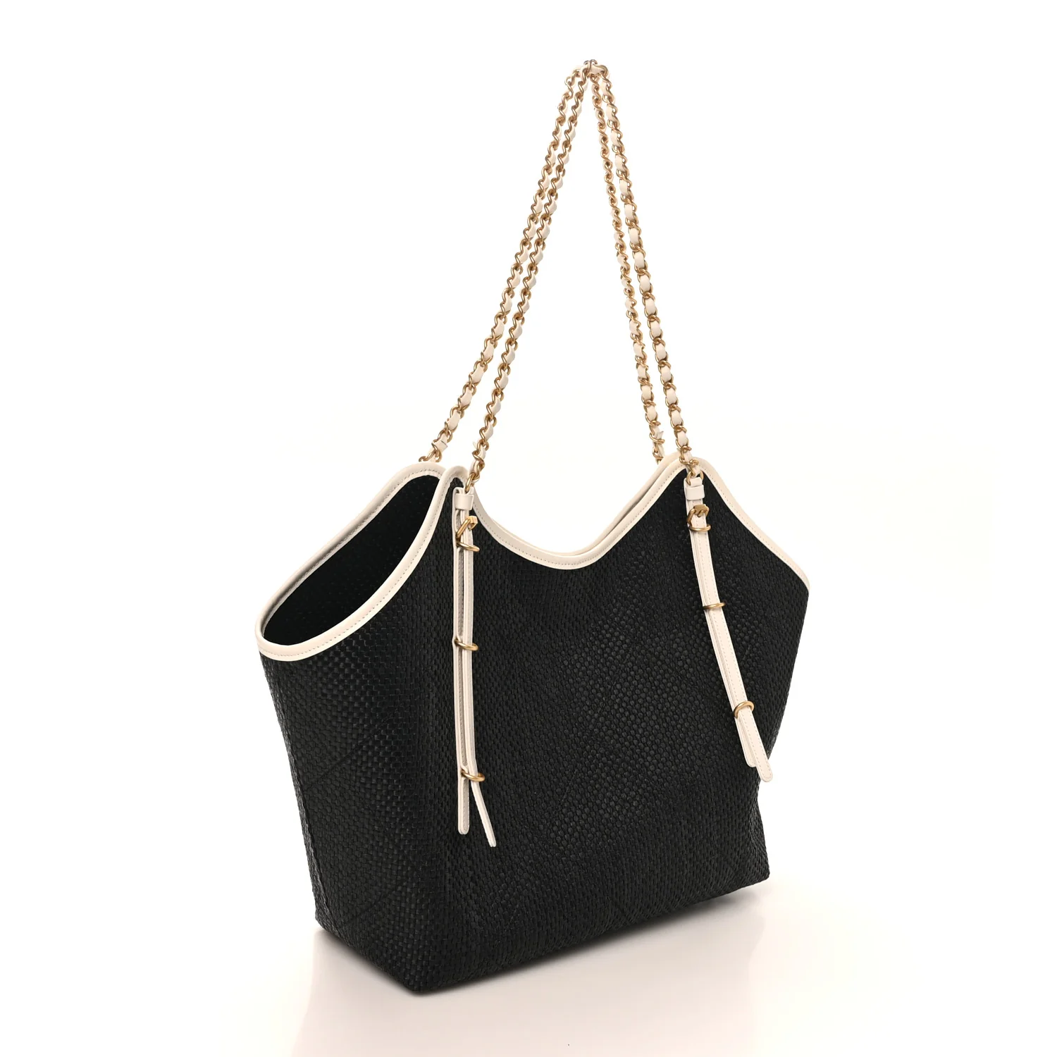 Calfskin Raffia Braided Small Shopping Tote Black White - Top Club