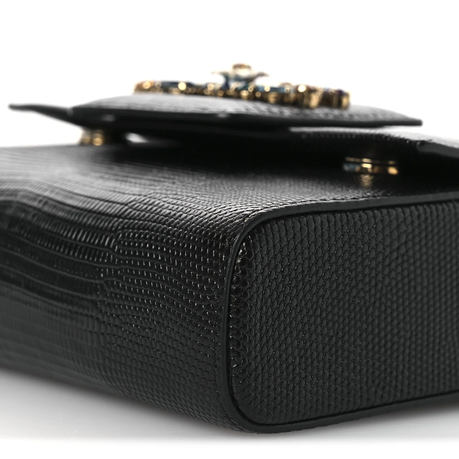 Lizard Embossed Crystal Embellished DG Millennials Mini Crossbody Bag Black - Top Club