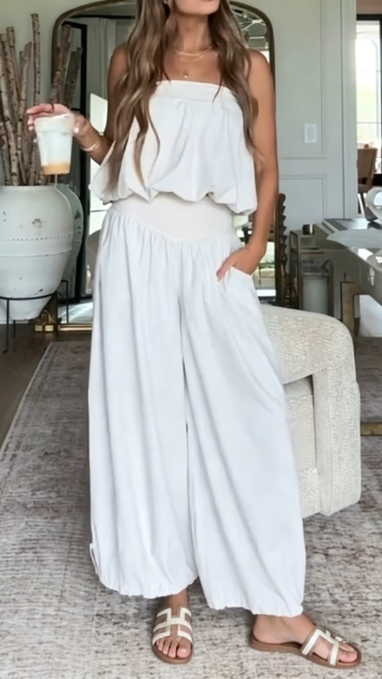 Women's White Strapless Top and Wide-Leg Pants Two-Piece Set - Nordfashionstorm - Women's Clothing, Fashion for You - Nordfashionstorm.com