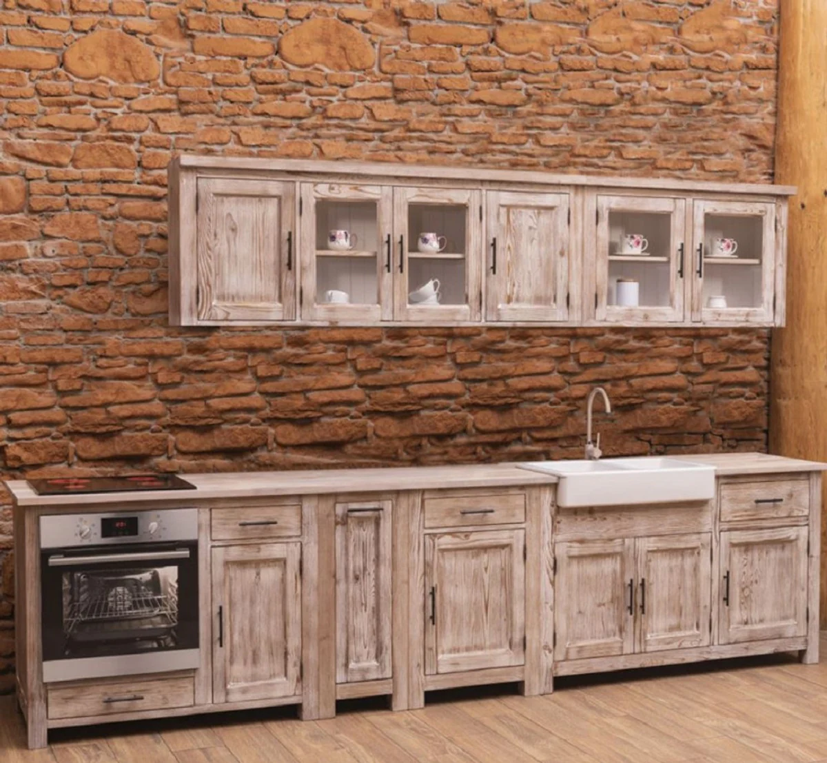Country house style fitted kitchen natural colors 387 x 65 x H. 90 cm - solid wood kitchen unit - dining room furniture in country house style - country house style solid wood fitted kitchens