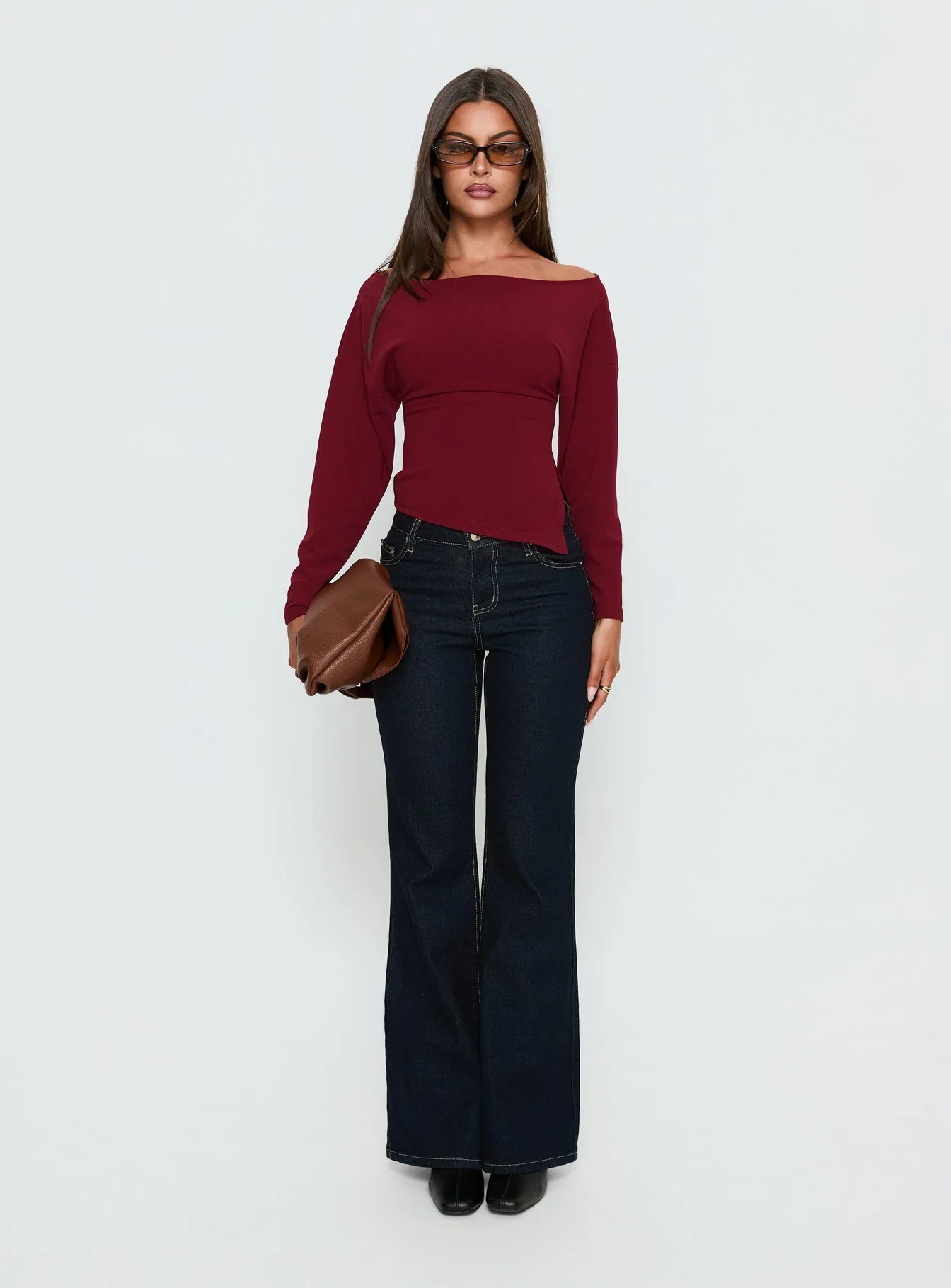 Cieara Off Shoulder Long Sleeve Top Burgundy