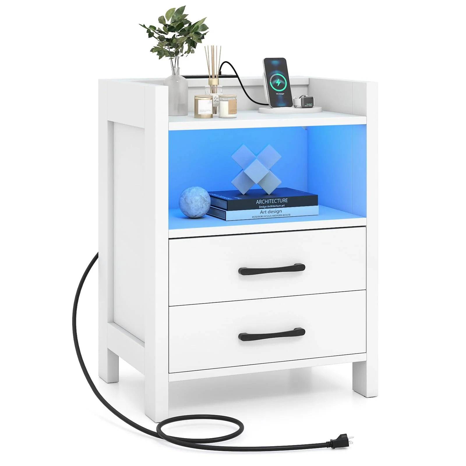 BEFOUNDLOVELY Nightstand with LED Lights & Charging Station（23.5”）