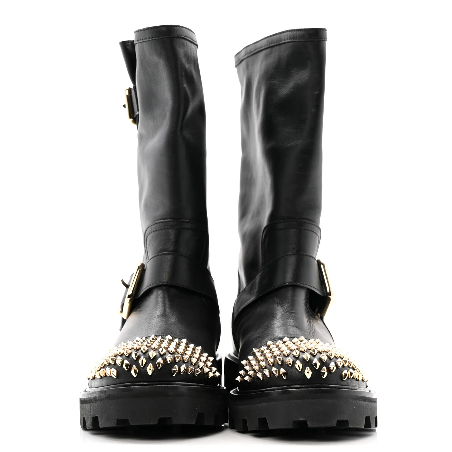 Calfskin Studded Biker II Boots 36.5 Black - Top Club