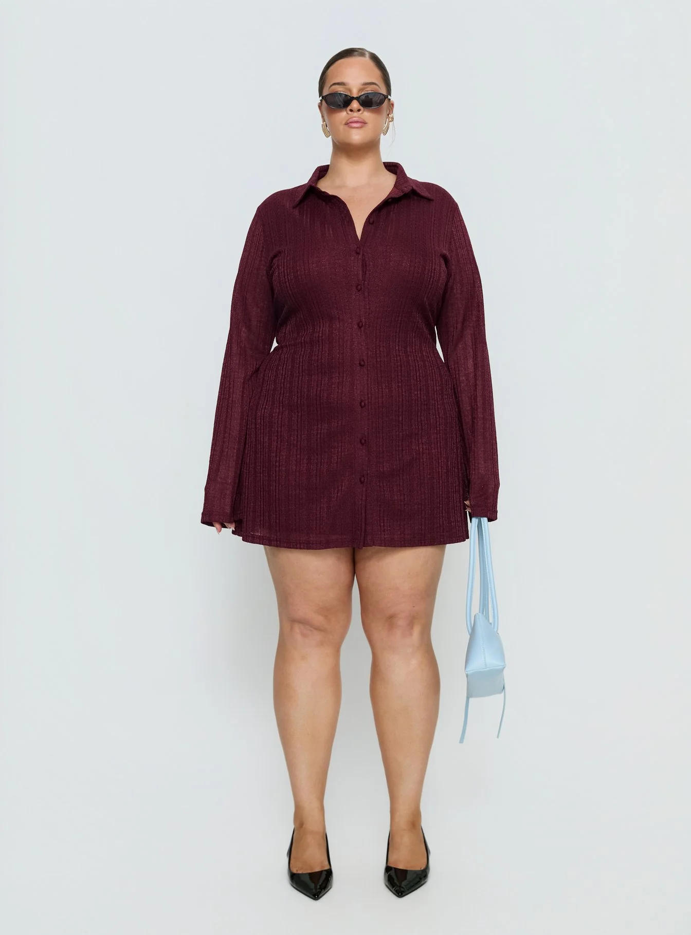 When You Sleep Long Sleeve Mini Dress Wine Curve