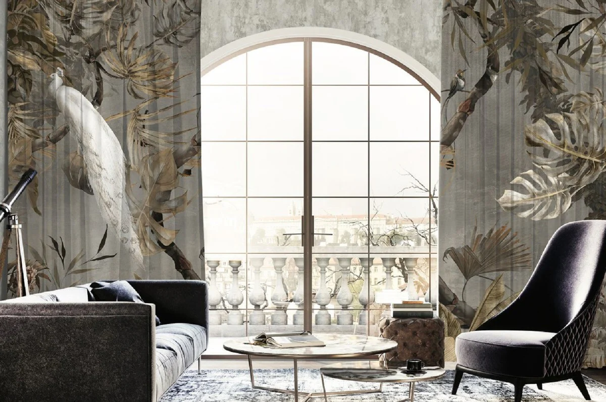 Luxury curtain set white peacock in the forest gray / multicolored 250 x H. 290 cm - printed velvet curtains - eyelet curtains - living room curtains - luxury curtains - luxury quality