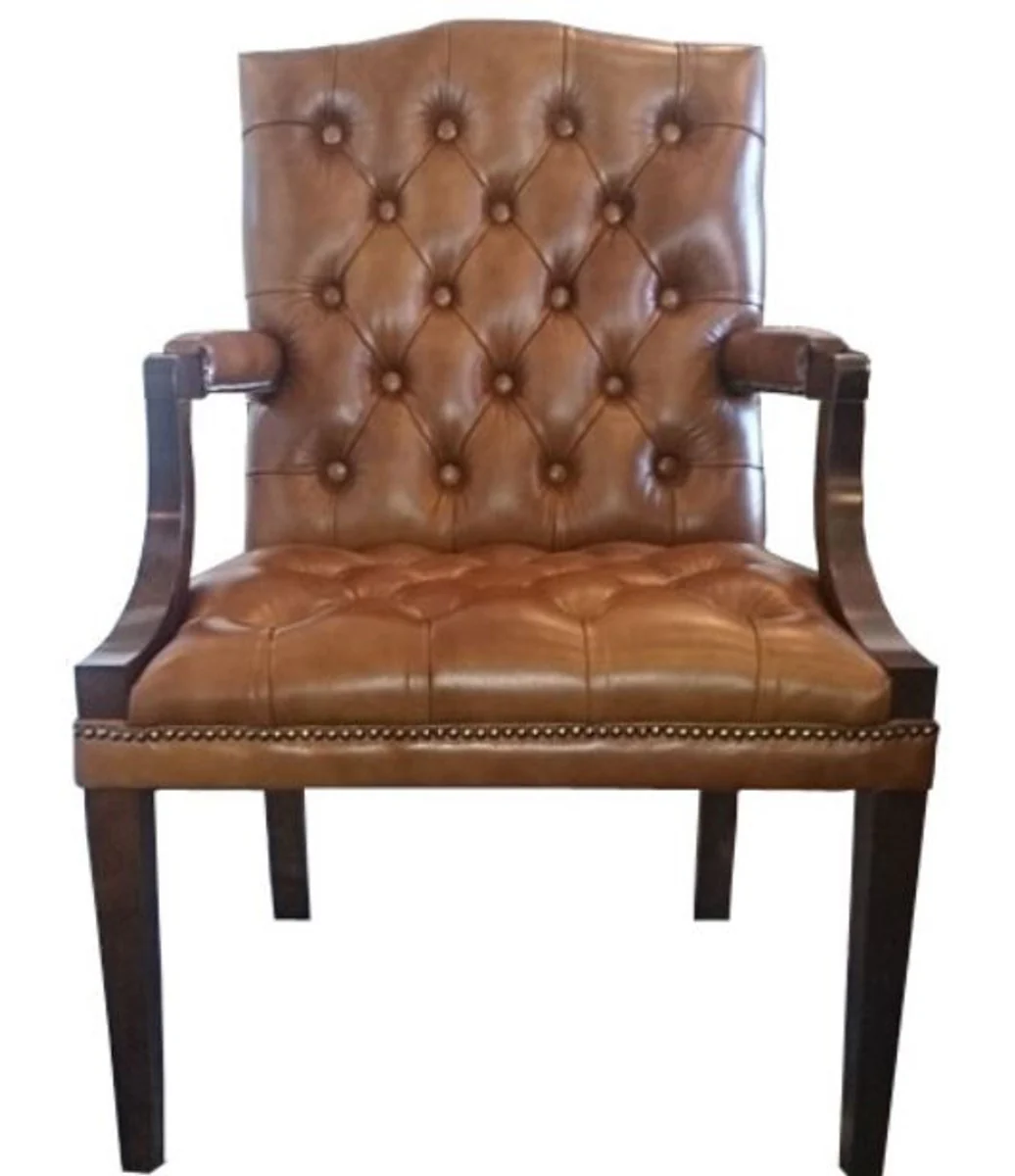 Real leather dining chair with armrests brown / dark brown 60 x 60 x H. 100 cm - Chesterfield furniture