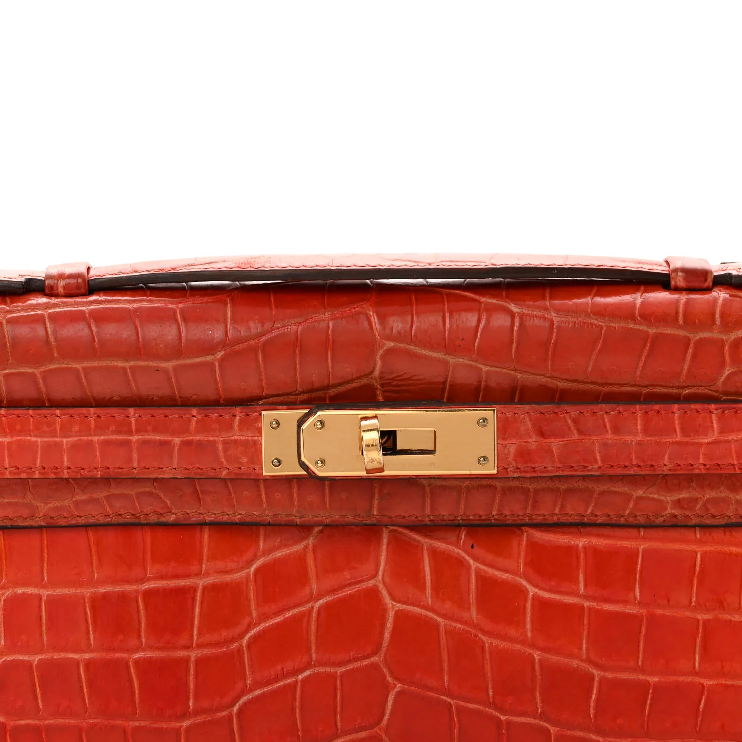 Shiny Porosus Crocodile Kelly Cut Pochette Orange Poppy - Top Club