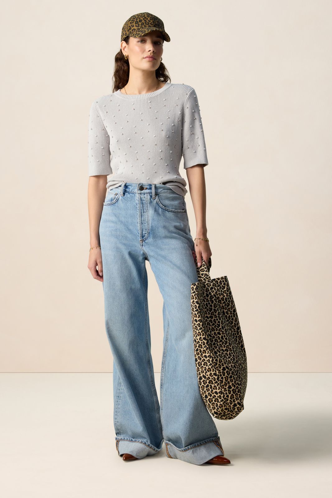 Bruine canvas shopper met leopard print