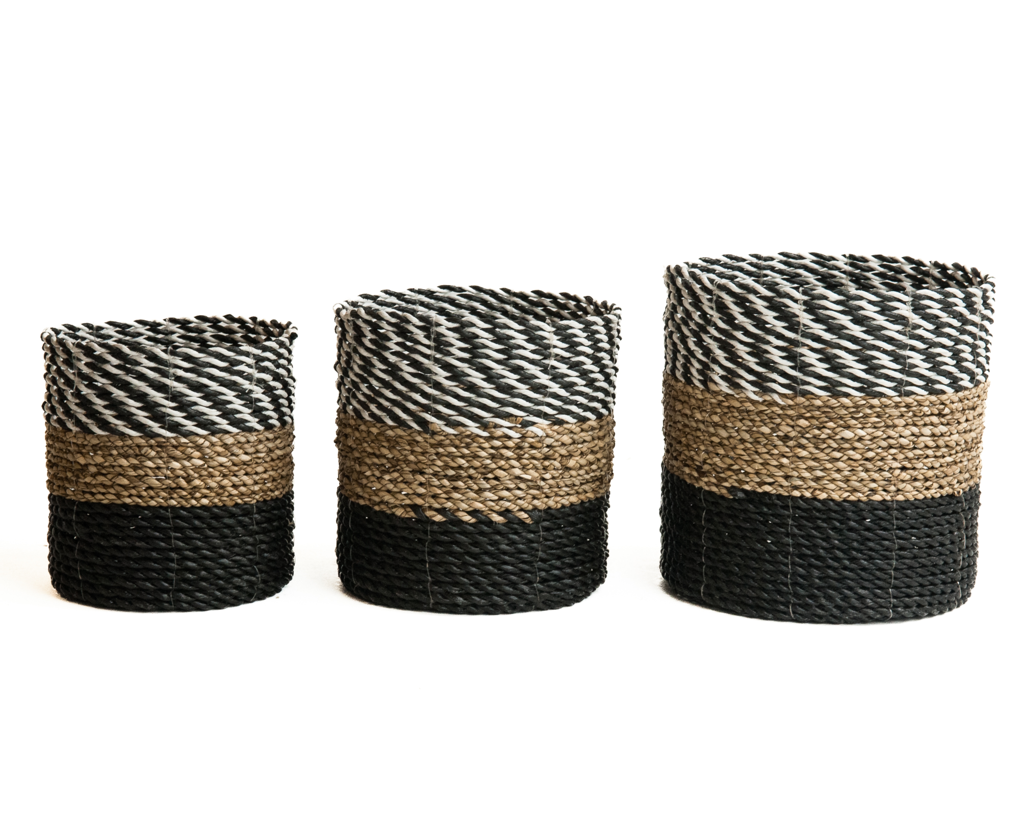 Set seagrass plantenmanden zwart-wit/naturel/zwart S+M+L