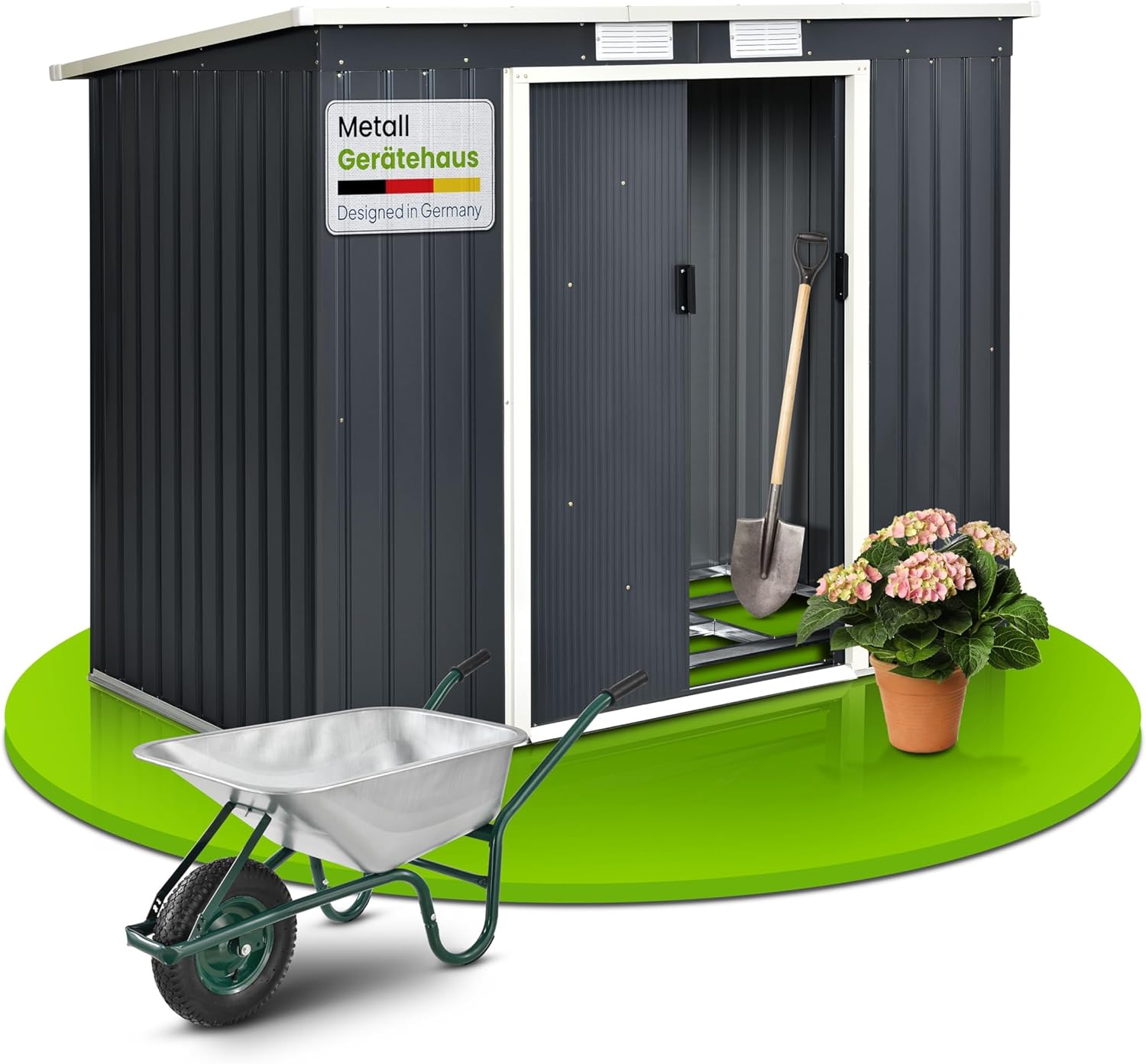 Juskys Casetta per attrezzi in metallo M 4 m³ con tetto a uno spiovente, porta scorrevole e fondamenta - 213 × 130 × 173 cm - antracite - Capanno per attrezzi in acciaio Casetta da giardino