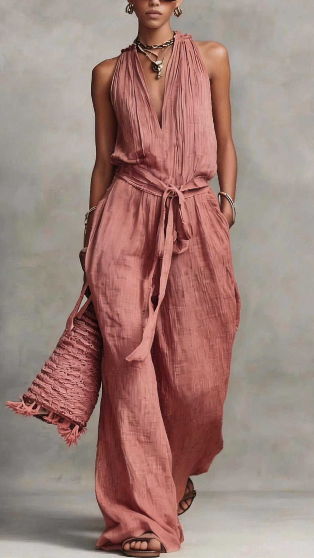 Women's Cotton-Blend Dusty Pink Halter Neck Waisted Jumpsuit - Nordfashionstorm - Women's Clothing, Fashion for You - Nordfashionstorm.com
