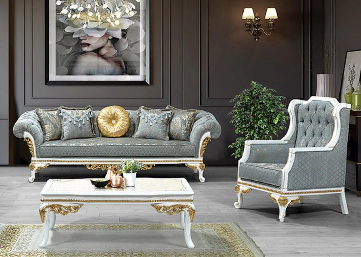 Luxury Baroque Living Room Set Turquoise / Gray / White / Gold - 2 Sofas with Pattern & 2 Armchairs with Pattern & 1 Coffee Table - Magnificent Baroque Living Room Furniture