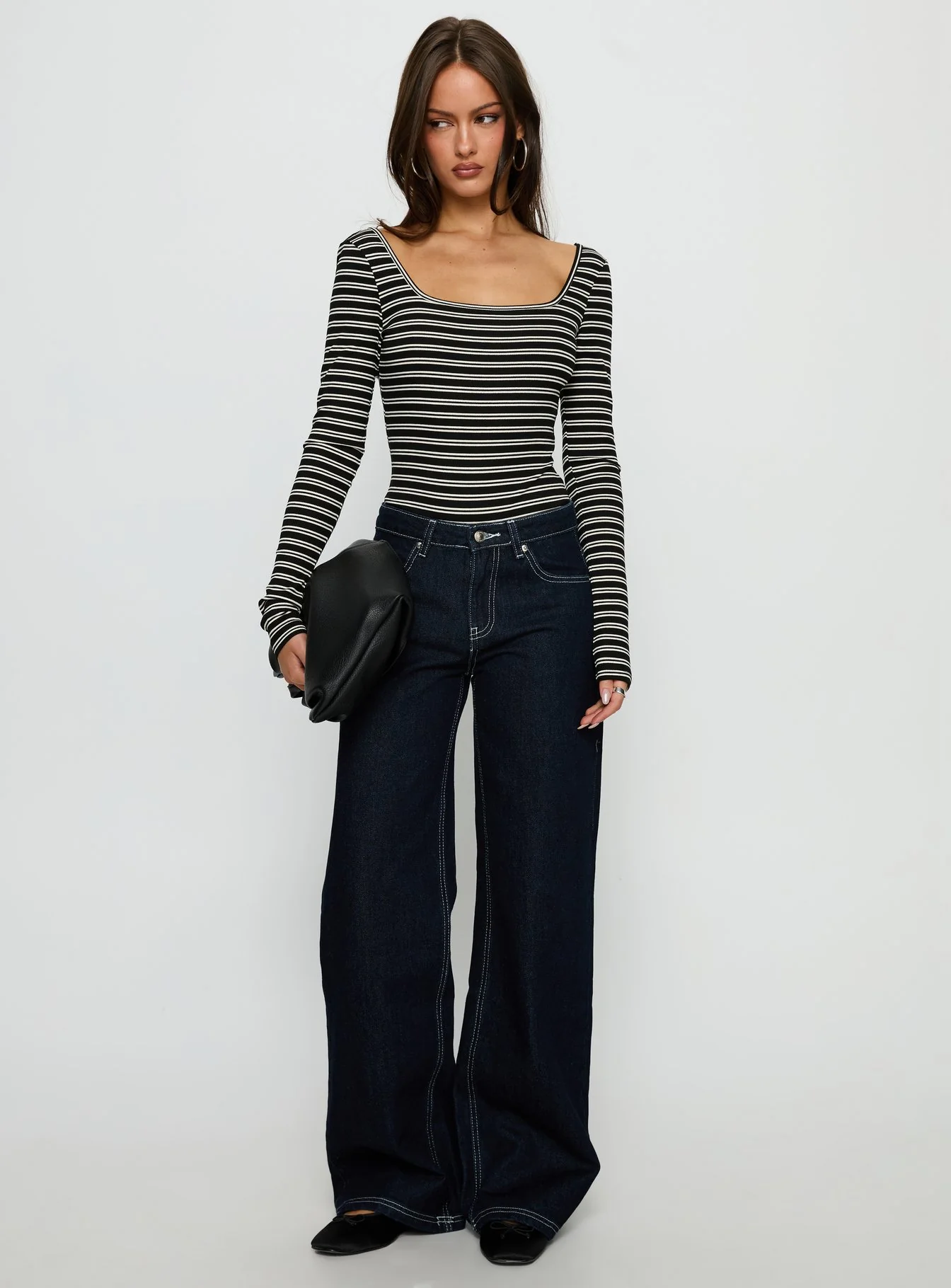 Donica Square Neck Long Sleeve Bodysuit Grey Stripe