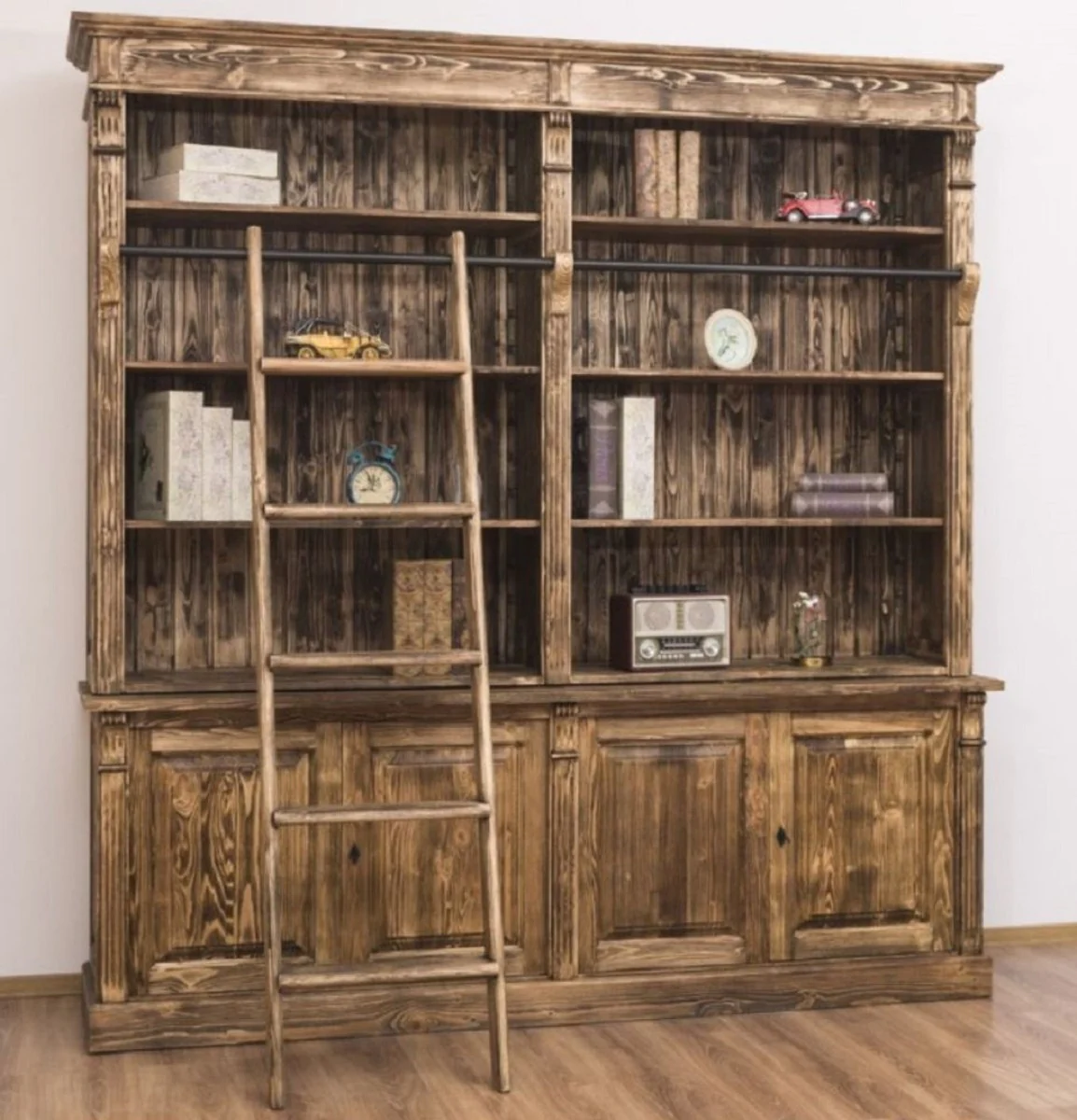 Country house style bookcase with ladder brown 223 x 51 x H. 228 cm - solid wood cupboard - living room cupboard - shelf cupboard - office cupboard - country house style furniture