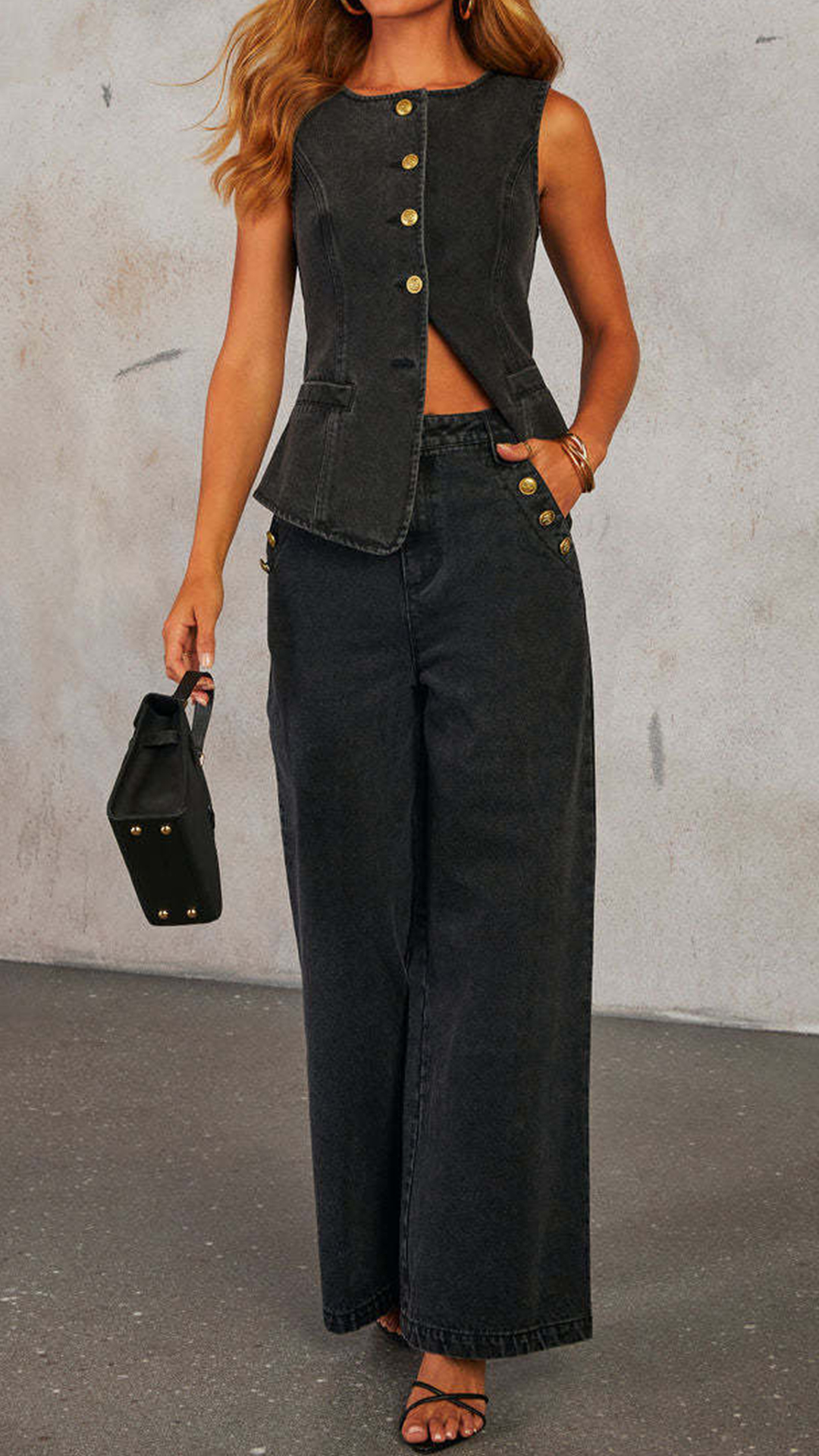 Women's Denim Sleeveless Waistcoat & Wide-Leg Pants Set - Nordfashionstorm - Women's Clothing, Fashion for You - Nordfashionstorm.com