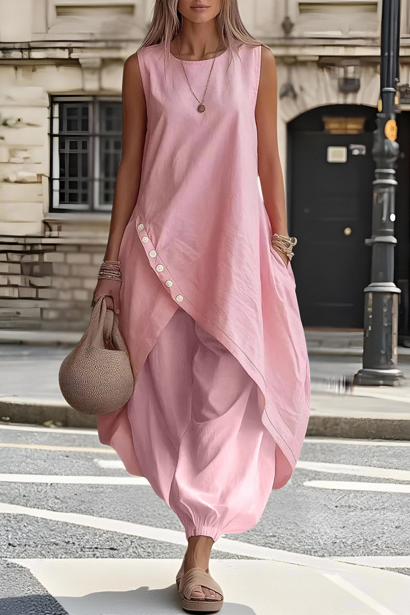 Plus Size Friendly Women's Everyday Round-Neck Linen Midi Dress with Asymmetrical Hem and Pockets - Nordfashionstorm - Women's Clothing, Fashion for You - Nordfashionstorm.com