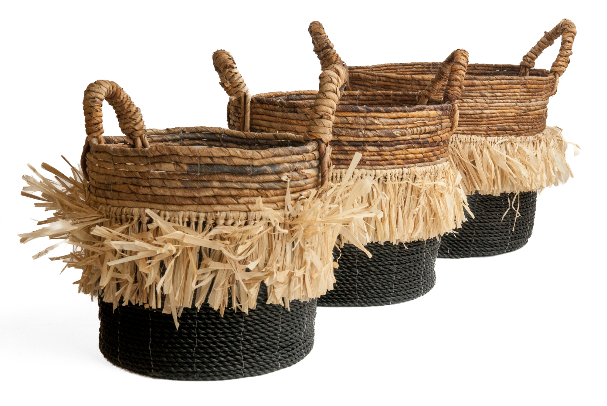 Seagrass waterhyacint mand met raffia natural/zwart L