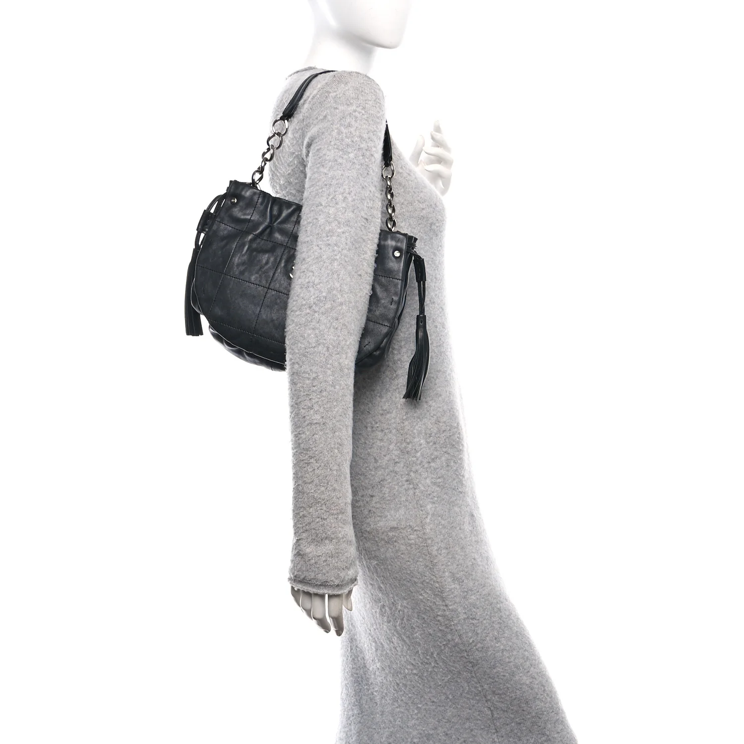 Lambskin Stitched Chocolate Bar Chain Fringe Hobo Black - Top Club