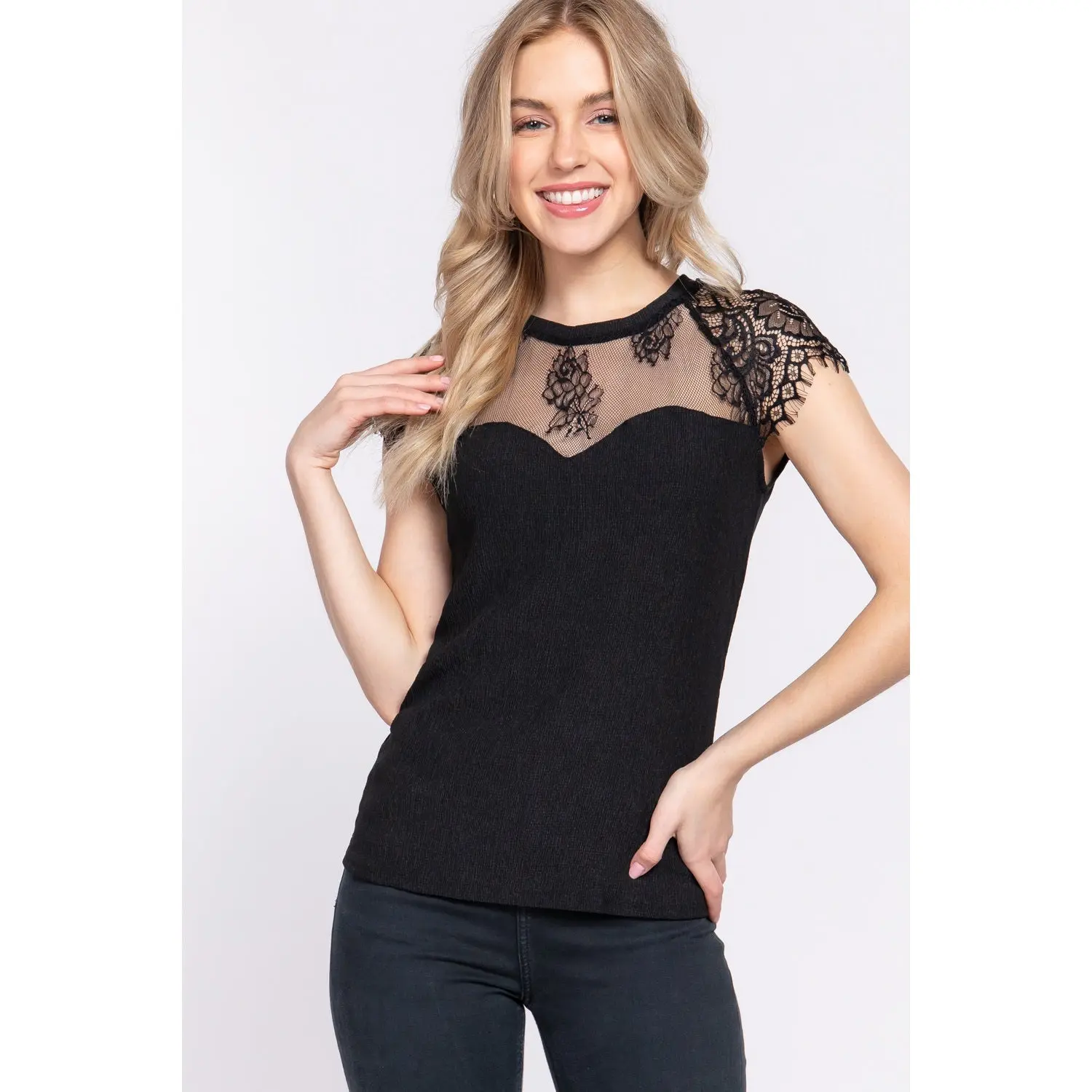 Midnight Madness Lace Ruffle Sleeve Crew Neck Sweetheart Top - ALJEGJ
