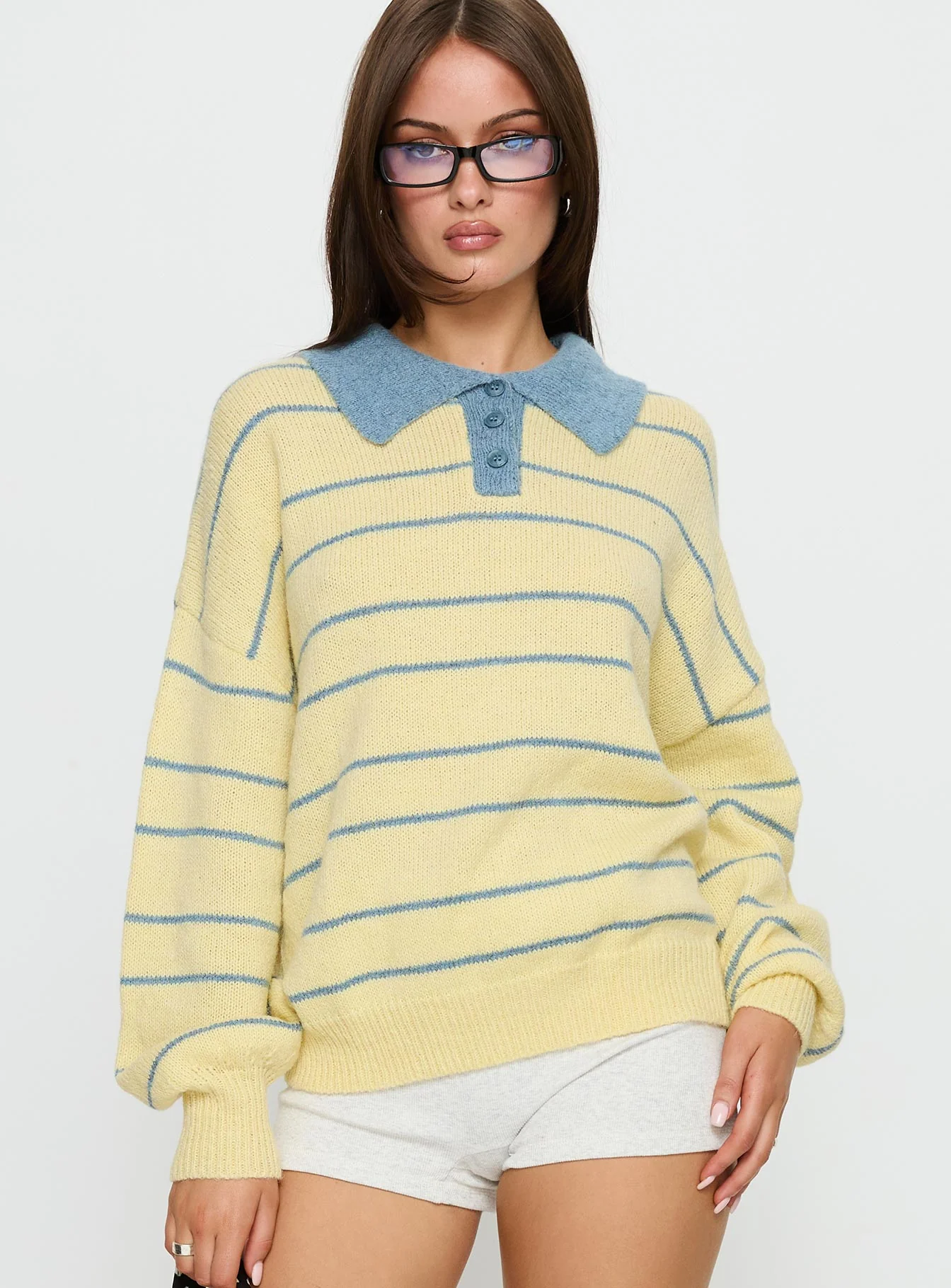 Minda Collared Knit Sweater Yellow Stripe