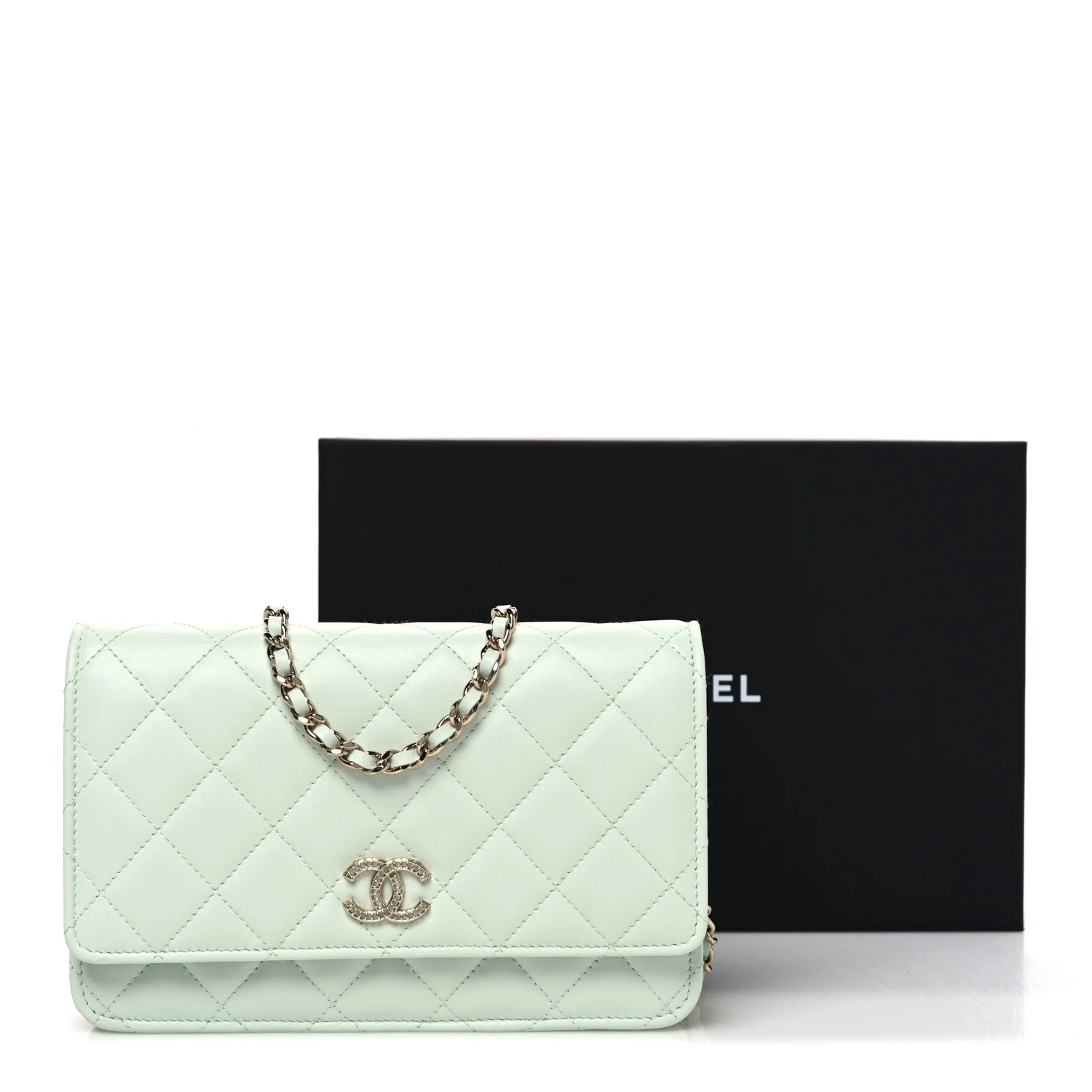 Lambskin Quilted Textured CC Wallet On Chain WOC Light Green - Top Club