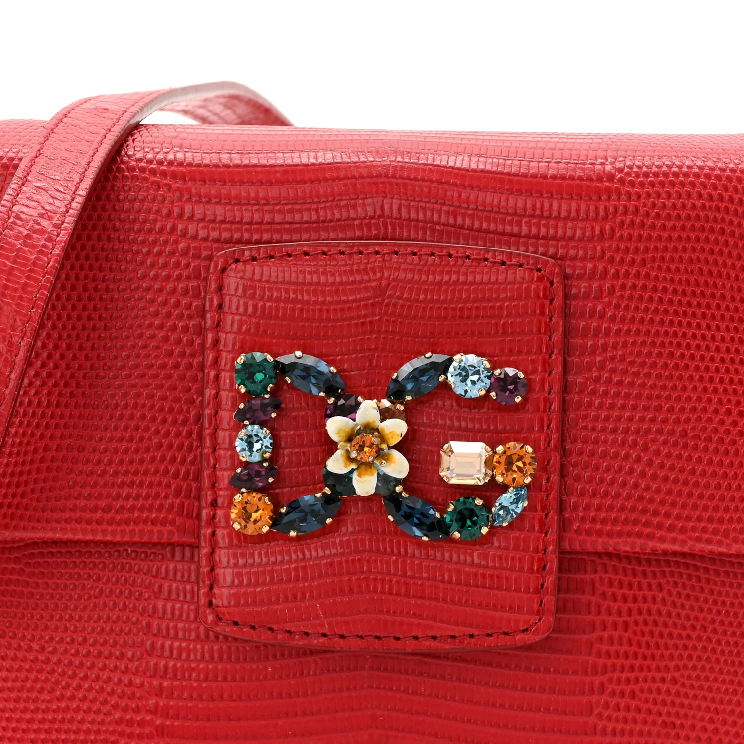 Lizard Embossed Crystal Embellished DG Millennials Mini Crossbody Bag Red - Top Club