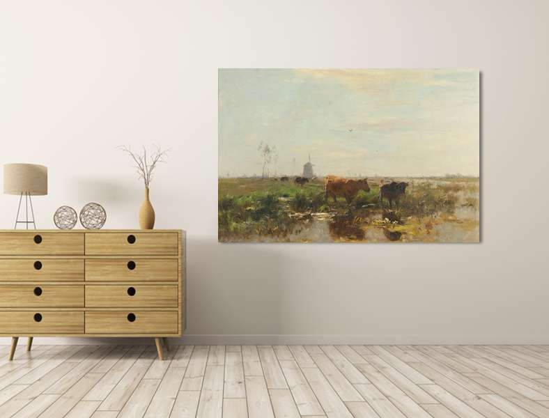 Canvas schilderij - Koeien in een weiland bij een sloot 200 x 100 cm
