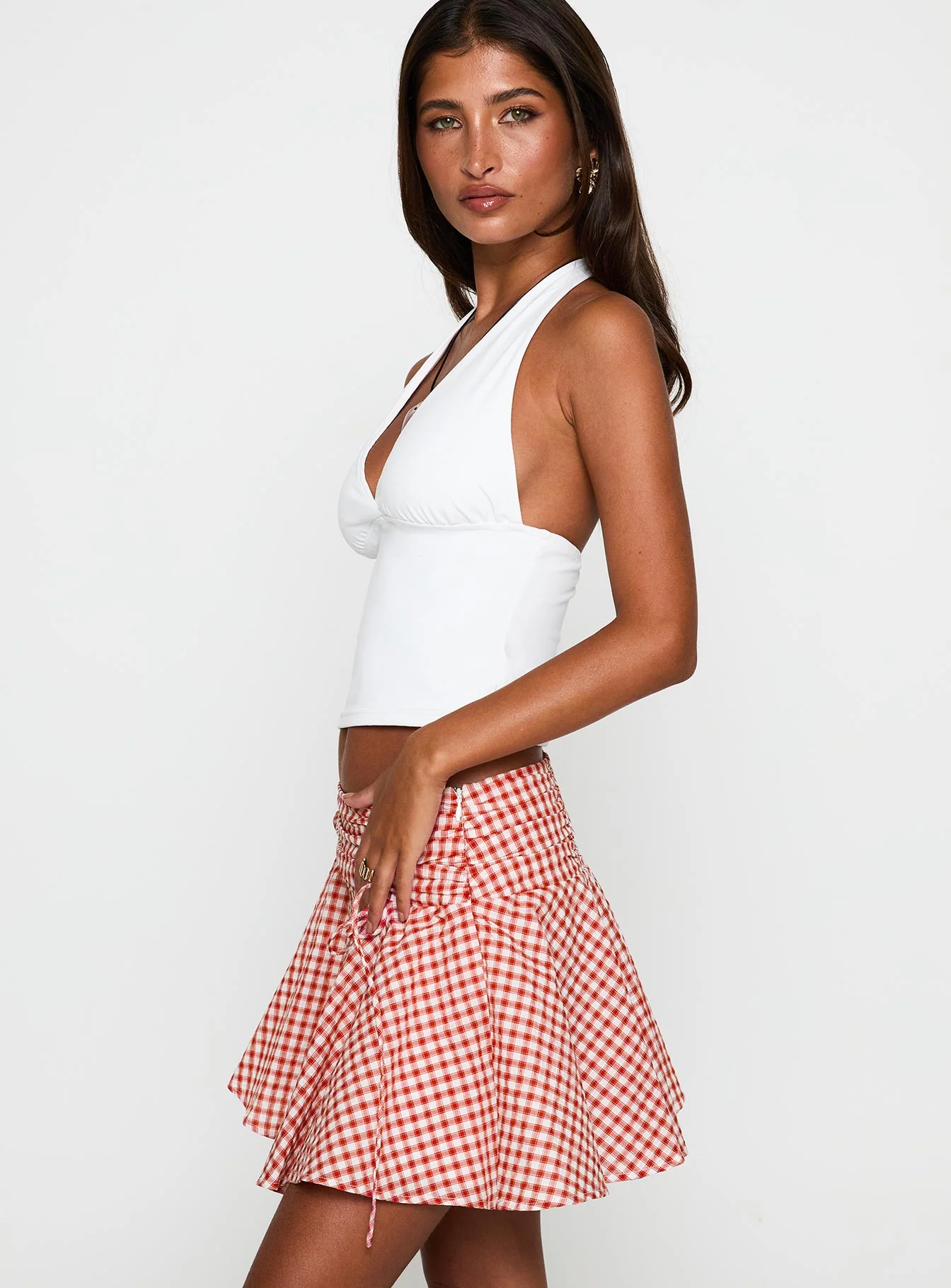 Sweet Verona Ruched Mini Skirt Red Check