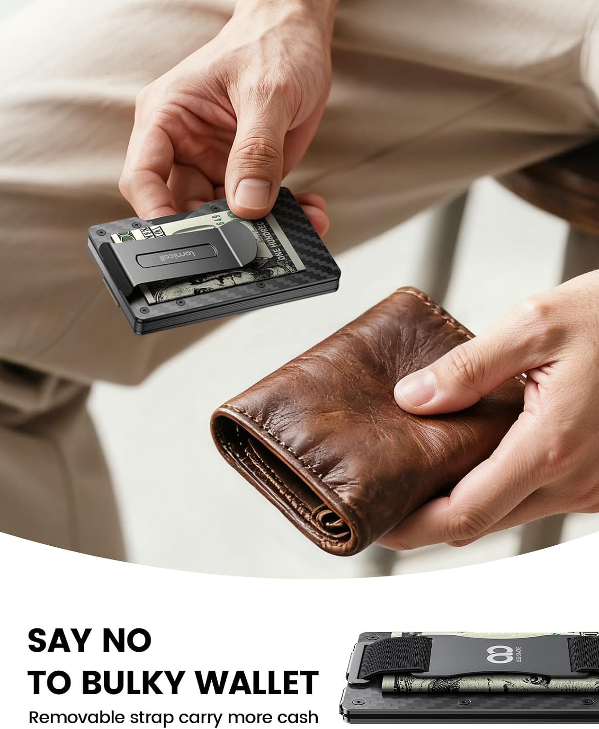 Lamicall Minimalist Carbon Fiber Wallet - Slim Metal RFID Blocking Card Holder with Mechanical Hinge (No Elastic), Holds 15-20 Cards, Money Clip & Cash Strap - Front Pocket Gear for Men Father Dad Mom