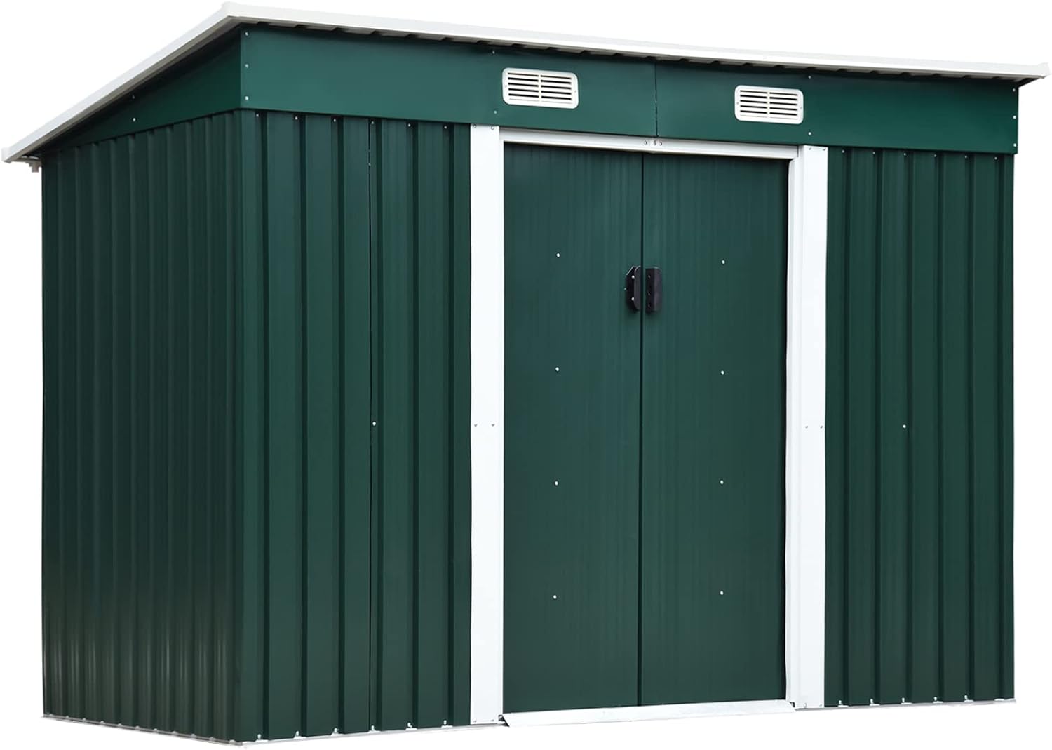 Outsunny Casetta da Giardino 2.9m² in Lamiera d'Acciaio, Capanno Porta Attrezzi da Giardino con Base, Presa d'Aria e 2 Porte Scorrevoli, 261x131x182 cm, Verde
