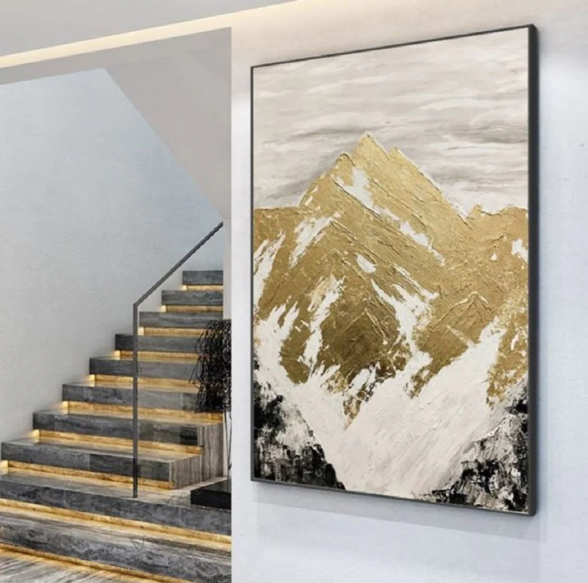 Luxury designer oil painting mountains gold / white / gray / black 120 x H. 170 cm - hand-painted painting with metal frame - luxury wall decoration - designer wall decoration - luxury quality