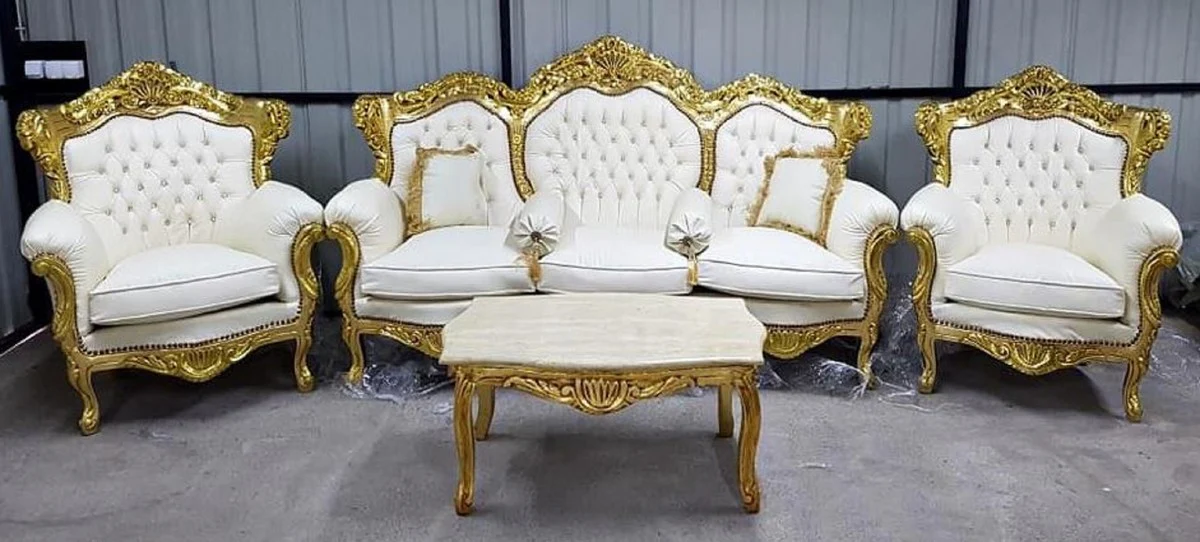 Baroque living room set white / gold - 1 baroque faux leather sofa & 2 baroque faux leather armchairs - living room furniture in baroque style - baroque furniture - baroque living room furnishings