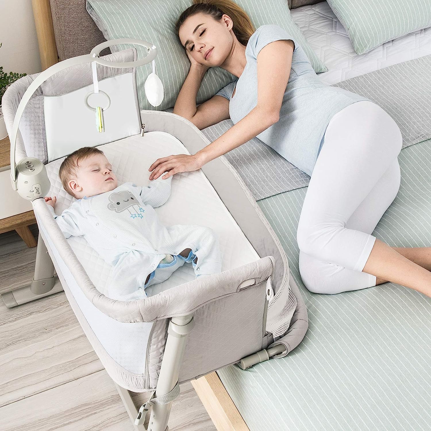 Baby Bedside Cradle Baby Bassinet, Best Bed Crib for Newborns, Portable Sleeper for Safer Co-Sleeping, Cot Bed Plus Hanging Figure, Music and Built-in Wheels - Girls, Boys, Unisex