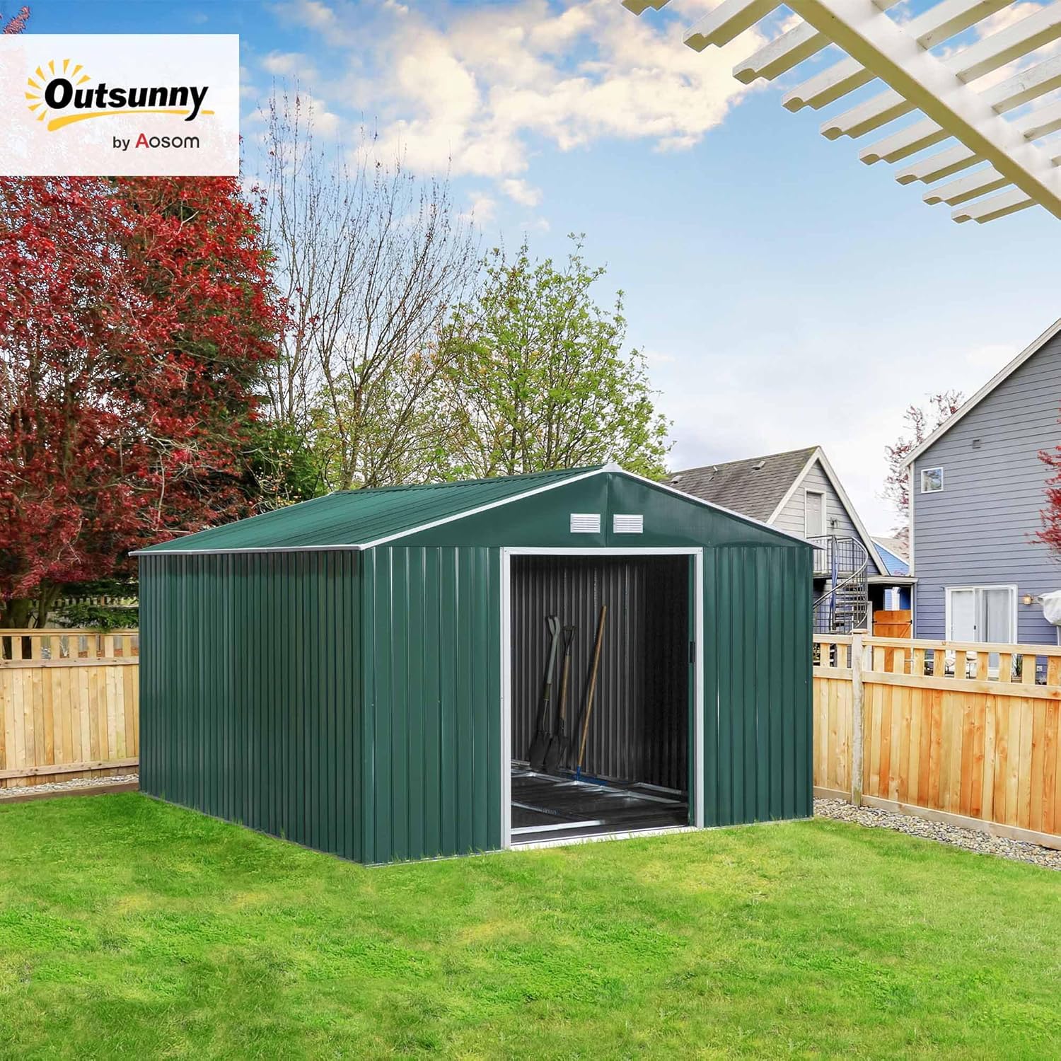 Outsunny Casetta da Giardino 12.4m² con Fondazione, 4 Prese d'Aria e 2 Porte Scorrevoli, Capanno Porta Attrezzi in Lamiera d'Acciaio, 340x386x200 cm, Verde Scuro