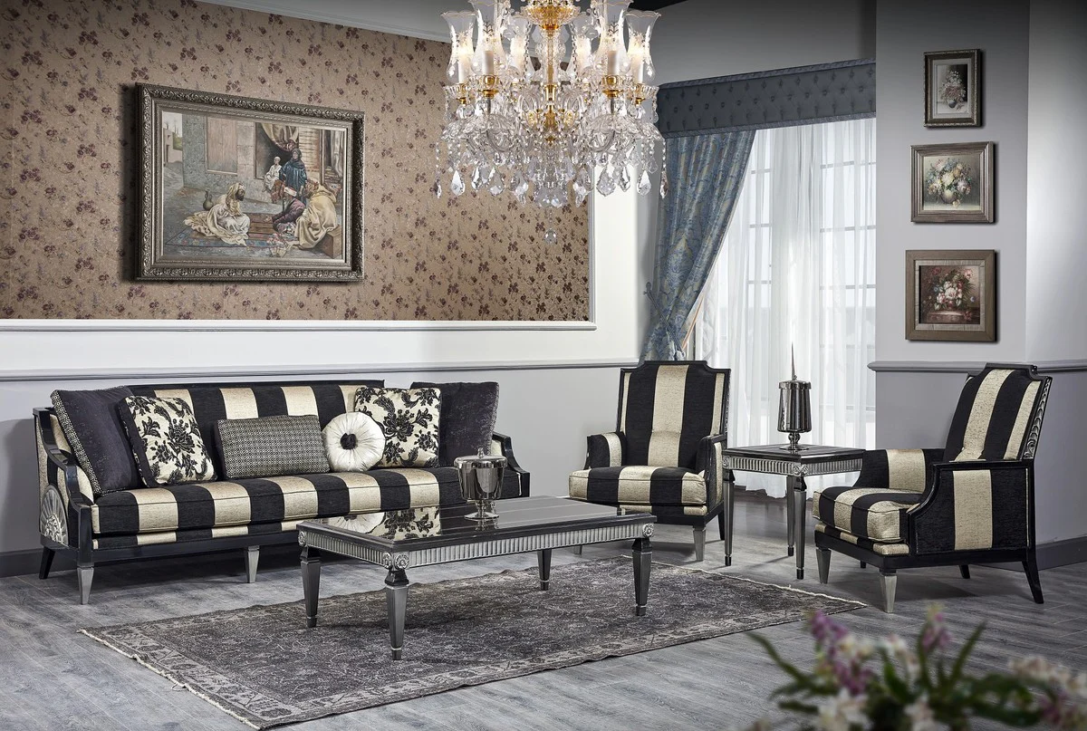 Luxury Baroque Living Room Set Black / Gold / Silver - 1 Sofa & 2 Armchairs & 1 Coffee Table & 1 Side Table - Baroque Furniture