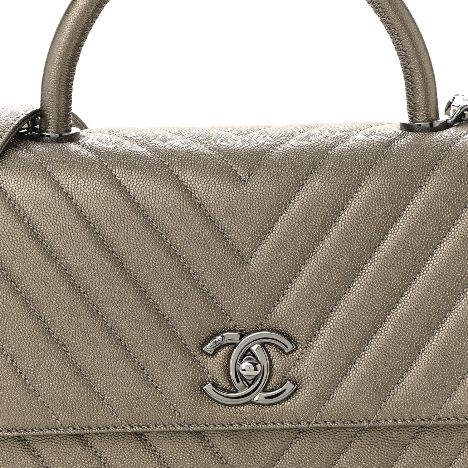 Metallic Caviar Chevron Quilted Small Coco Handle Flap Light Gold - Top Club