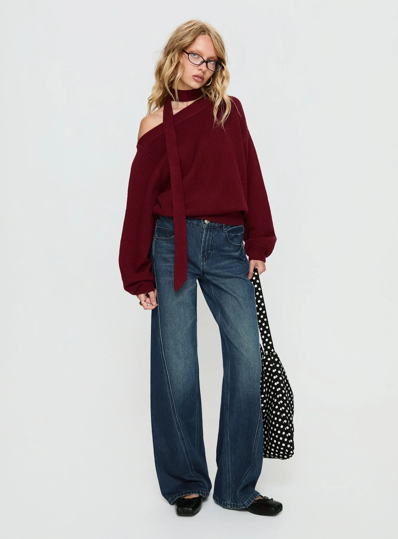 Ruthi Scarf Off Shoulder Knit Sweater Burgundy