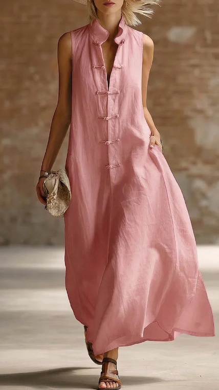Women's Loose-Fit Stand-Collar Linen-Cotton Dress - Nordfashionstorm - Women's Clothing, Fashion for You - Nordfashionstorm.com