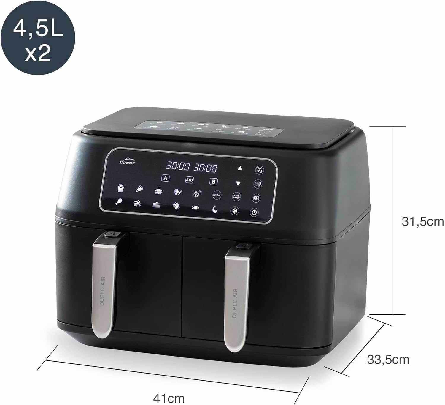 Lacor - 69508 - Friggitrice senza olio DuploAir, Friggitrice ad aria con touch screen, doppio cestello, 11 programmi, funzione disidratata, ECO antiaderente, 9L, 2400W