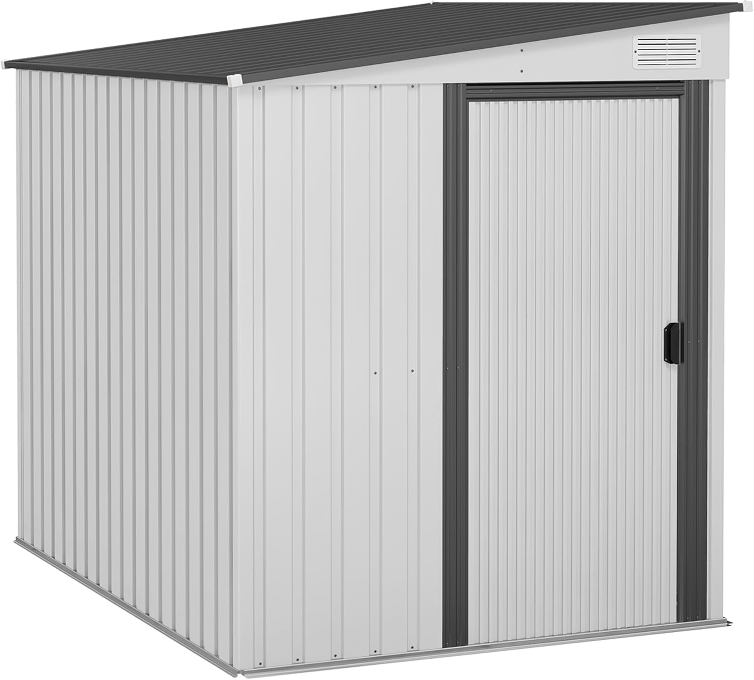 Outsunny Capanno da Giardino Porta Attrezzi in Acciaio Zincato 1.5x2m, Casetta da Giardino con Base, Porta Scorrevole, Tetto Inclinato, Ripiani, Ganci e Prese d'Aria, Bianco